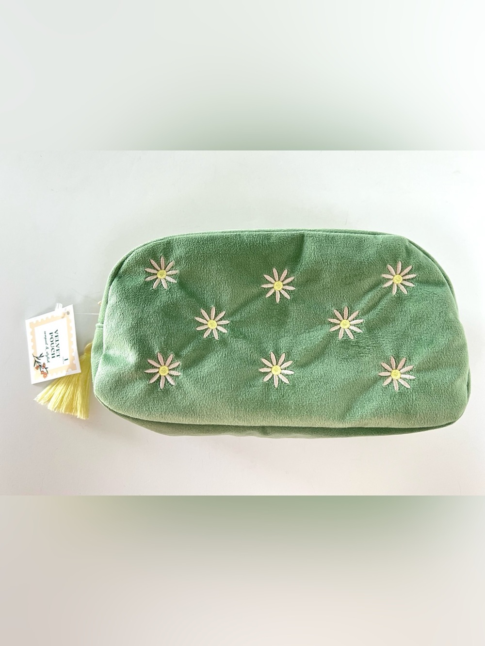No Brand Fashion Green Velvet Cosmetic Pouch Bag With Daisy Design,  NWT